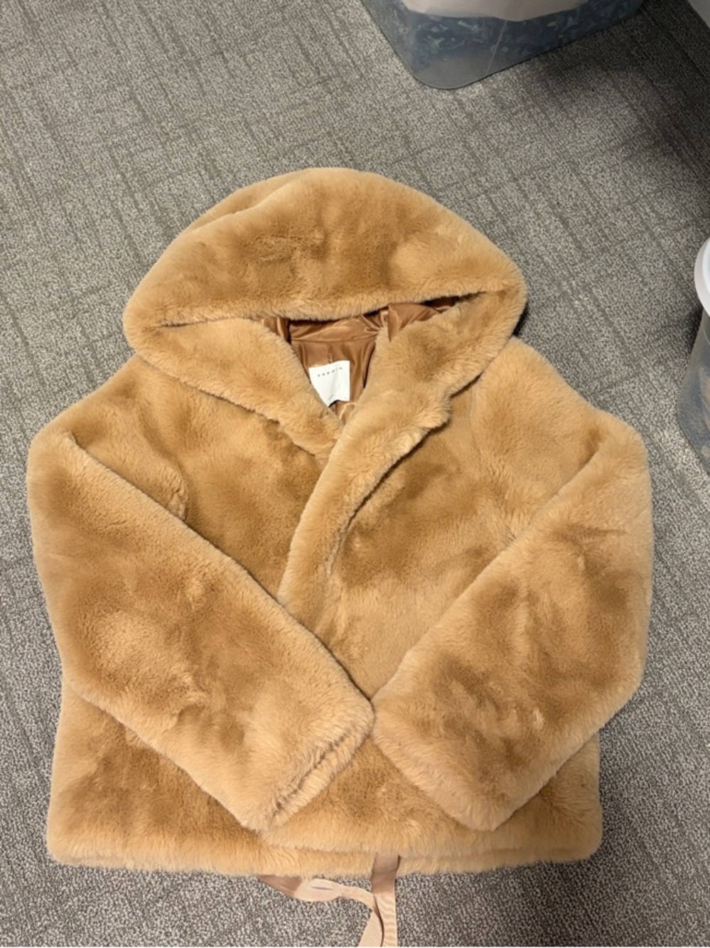 Sandro Camel Teddy Faux-Fur Hooded Coat
